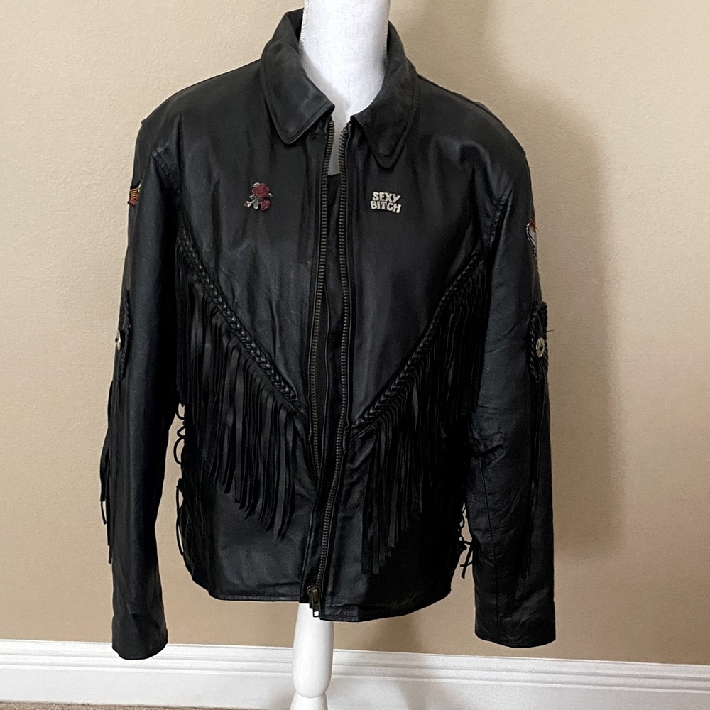 Black Leather Fringe motorcycle Jacket